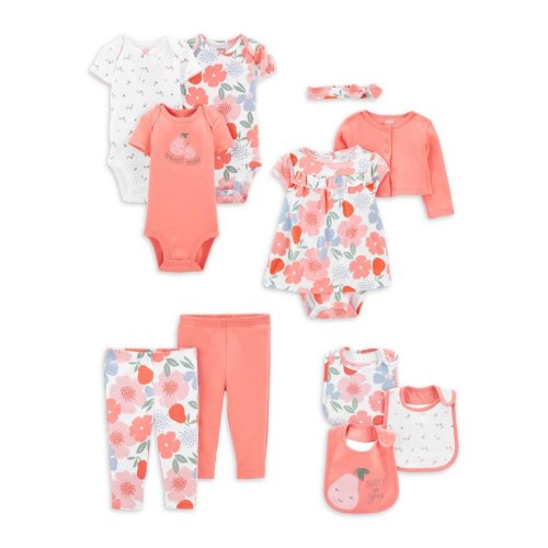 Carter's Child of Mine Baby Girls Short Sleeve Bodysuits, Pants, Dress Set with Headband, & Bibs, 11-Piece, Preemie-24 Months