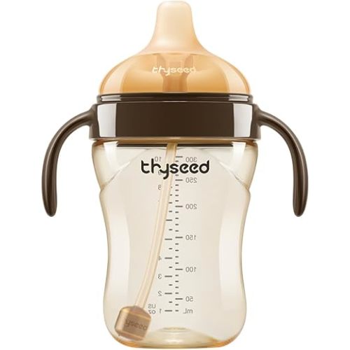 Thyseed Infant Spill Proof Weighted Straw Sippy Cups with Handles and Lids Breastfed Baby First Soft Spout Top Training Water Cup Toddler Boy Girl No Leak Transitioning Bedtime Milk Bottles 6 Months+