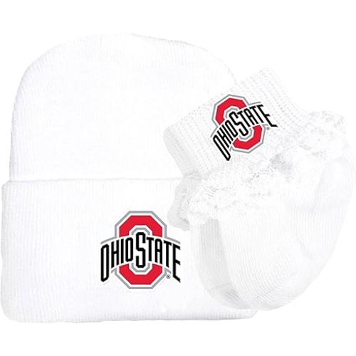 Ohio State Buckeyes Newborn Baby Knit Cap and Socks with Lace Set White