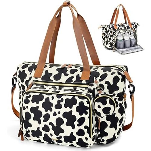 Diaper Bag Tote, Large Baby Diaper Bags for Travel, Hospital Bag for Labor Delivery with Pacifier Case, Changing Pad, Shoulder Strap, Cow Print