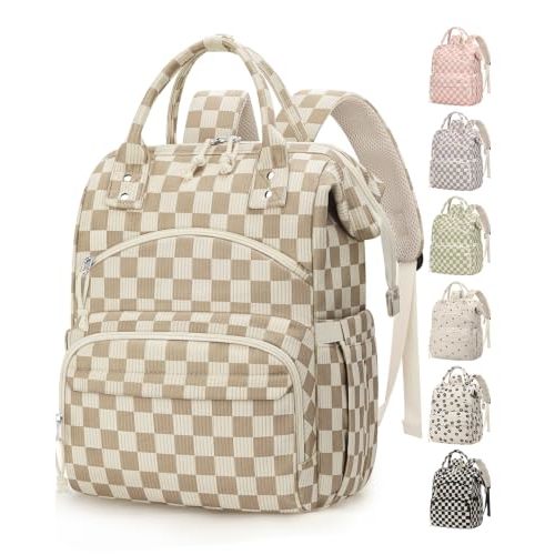 Pritent Corduroy Diaper Bag Backpack for Mom, Large Capacity Travel Baby Bag with Stroller Straps & Insulated Pockets, Unisex New Parent Essential, Checkered Khaki