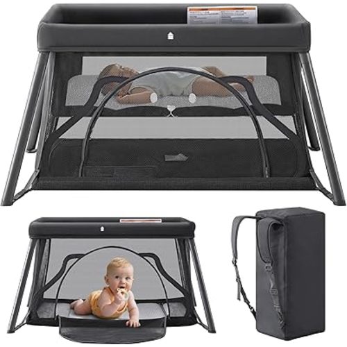 Travel Crib, Portable Baby Crib, Foldable Playpen with Mattress for Babies and Toddler, Pack and Play, Easy Setup Baby Travel Bed, Lightweight Backpack Design & Zipper Door for Outdoor Use(Dark Grey)