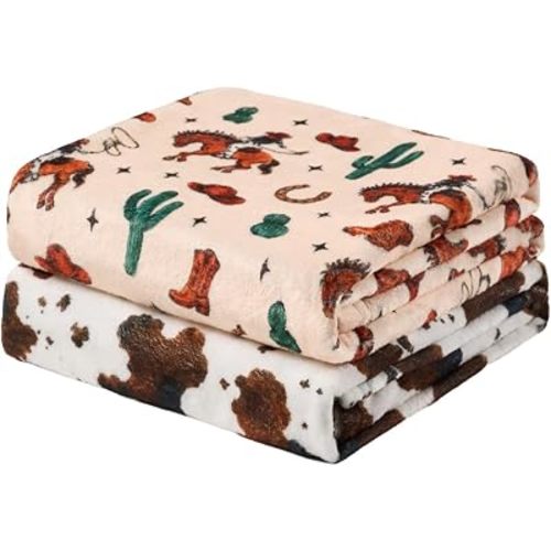 2 Pack Baby Blanket for Boys and Girls, 30 x 40 Inch Soft Flannel Fleece Receiving Blankets, Western Cowboy Newborn Stroller Crib Blankets, Baby Boy Girl Essentials