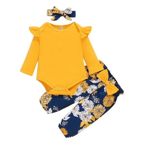 3 Months Baby Girls Clothes 6 Months Girls 3PCS Outfits Set Flower Print Newborn Girls Long Sleeve Top Pants Set with Headband Yellow
