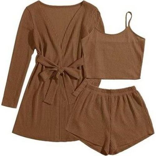 Ekouaer Pajamas for Women Set 3 Piece Lounge Set Soft Pajama Sets Waffle Knit Tank Top and Shorts Cardigan with Pockets Brown L