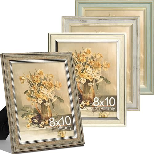 Vittanly 8x10 Picture Frame Set of 4, Vintage Photo Frame for Wall or Tabletop, Display 5x7 Pictures with Mat or 8x10 without Mat, Rustic Farmhouse Home Decor, Multicolour