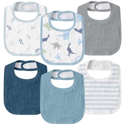 GLLQUEN BABY Muslin Drool Bibs for Boys Girls 6 Pack, Adjustable Baby Bibs for Drooling and Teething, Soft Cotton Baby Bandana Bib for Newborn Feeding Essentials (My Dino Pals)