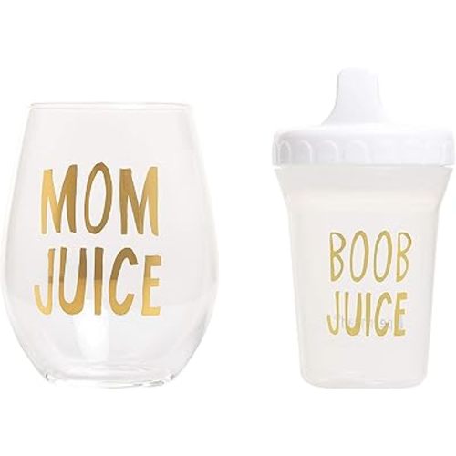 Pearhead Stemless Wine Glass and Sippy Cup Set, Matching Mom and Baby Drinkware Set, Accessory for New Moms and Expecting Mothers, Gold