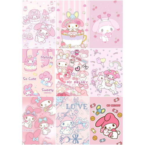 9PCS Cute Posters with My Melody Theme for Bedroom Wall Decoration (8X10 in) Unframed.