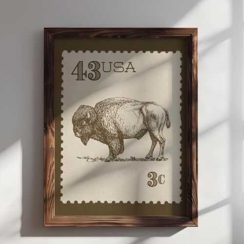 Vintage Buffalo Postage Stamp Print: Americana Bison Wall Art