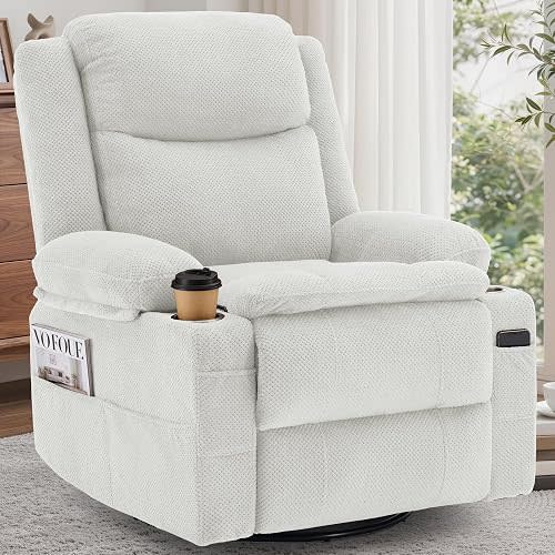 Korser Recliner Chair, 360° Swivel Rocker Recliner for Adults, Rocking Recliners with Massage & Heat, Nursery Rocking Chairs with Cup Holders, Manual Reclining Glider for Living Room, Nursery, Beige