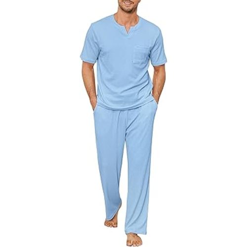 JiniGolla Mens Pajamas Set Soft Waffle Knit Short Sleeve Top and Pant Loungewear Sets 2 Piece Pjs with Pockets