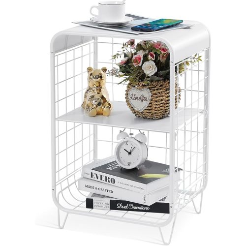 APEXCHASER Cute Nightstand,Metal Side Table,3 Tier End Table with Storage,Vintage Bedside Table,Girls Bedroom Furniture,Coffee Table for Living Room,Bedroom,Dorm,White