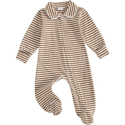 Seyurigaoka Newborn Baby Boy Girl Romper Long Sleeve Zipper Jumpsuit | Cotton Blend, Peter Pan Collar, Footed, Footless, Gingham Striped, Multi Color, Newborn Infant Toddler Fall Winter Clothes
