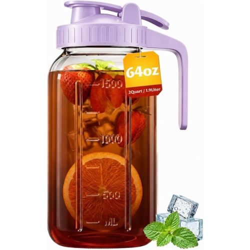 64oz Mason Jar Pitcher, 2quart Glass Pitcher with Lid for Tea & Cold Brew