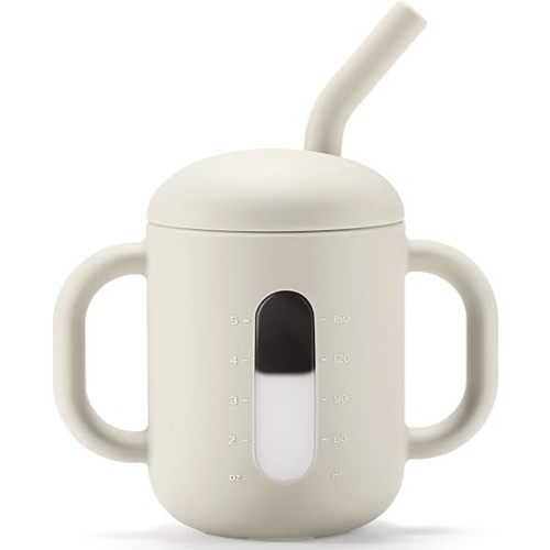 CLYMENE Silicone Training Cup with Straw & Handles | Baby Sippy Cup | Water Drinking Cup for Infants and Toddlers 6 Months+, 6 oz, Ivory