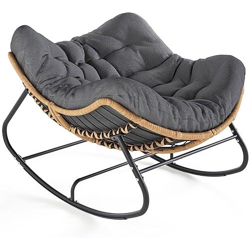 SWITTE Outdoor Rocking Chair, Oversized Patio Papasan Rocker, Comfy Wicker Reading Lounge, Indoor Egg Chair for Bedroom, Living Room, Porch, Garden, Lawn-Dark Grey