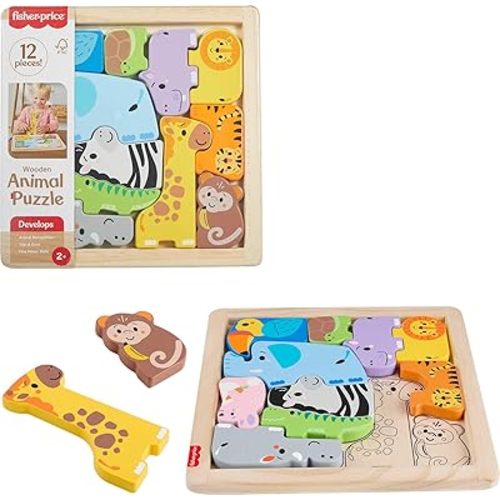 Fisher-Price Wood Toddler Toy Animal Puzzle, 12 Piece Wooden Shape-Sorting Activity for Preschool Kids Ages 2+ Years