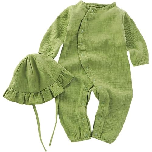 Baby Linen Romper Hat Clothes Set Cotton Long Sleeve - Green