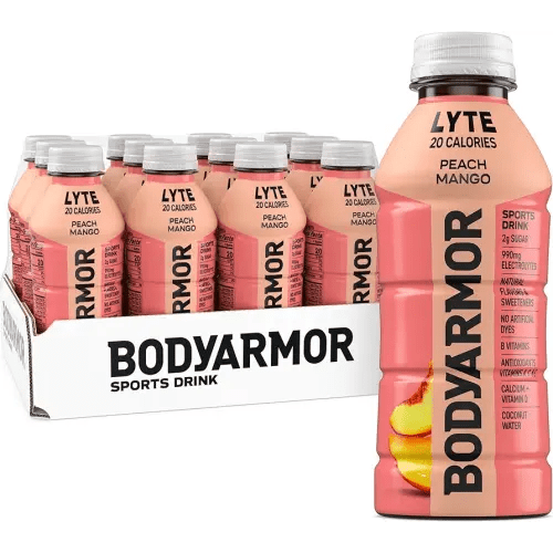 BODYARMOR LYTE, Peach Mango, Electrolyte Drink, 20 Calories, 16 Fl Oz Bottles (12 Pack), Coconut Water Sports Drink, Natural Flavor & B Vitamins