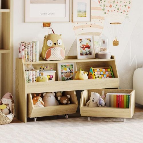 Petrimins Kids Bookshelf and Toy Organizer, 40" Wooden Storage Bookcase, Decorative Bookshelf, Toy Storage Cabinet with Wheels