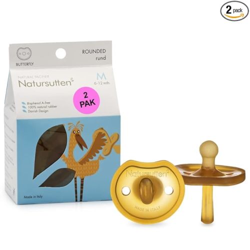 Natursutten 2-Pack Natural Rubber Pacifiers - Safe & Soft BPA-Free Pacifier for Breastfeeding Babies, Made in Italy, Butterfly Shield Round Nipple, 6-12 Months
