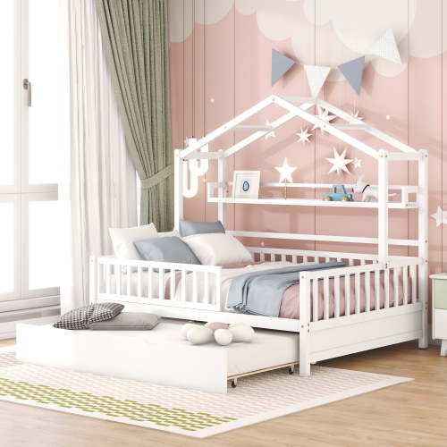 Bellemave House Bed with Trundle, Wood Montessori Bed with Storage Shelves, Kids Full Size Bed Frame with Fence Railings for Toddlers Girls Boys (Full, White)