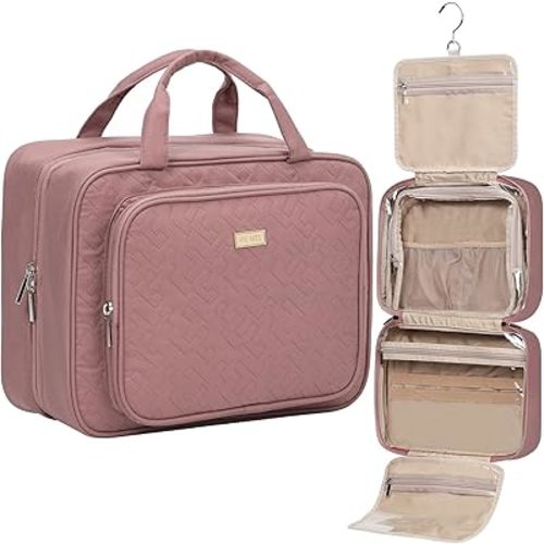 NISHEL Travel Toiletry Bag for Women, Makeup Essentials Organizer, Hanging Case for Accessories, Cosmetics, Large Size, Rosewood-Pink