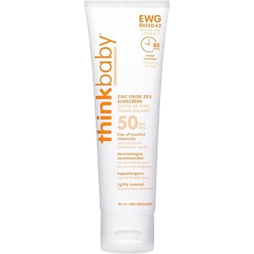 Thinkbaby SPF 50+ Baby Mineral Sunscreen – Safe, Natural Sunblock for Babies - Water Resistant Sun Cream – Broad Spectrum UVA/UVB Sun Protection – Vegan Baby Sunscreen Lotion, 3 Oz.