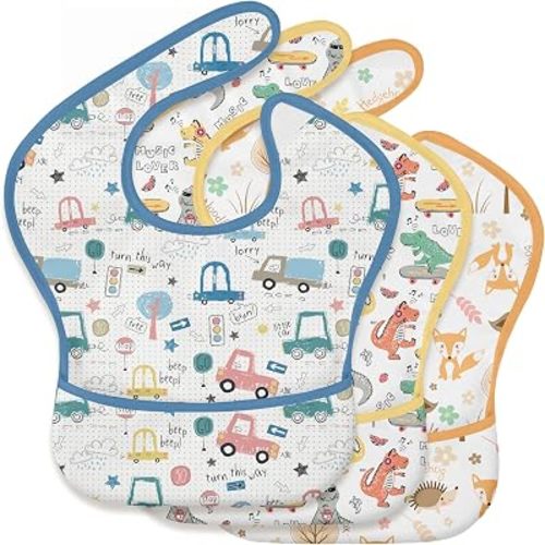 3-Pack Baby Feeding Bibs | Waterproof Stain-Resistant 3D Food Catcher, Soft Lightweight Design for Baby-Led Weaning, Infants & Toddlers 3-24 Months Digger Dinosaur
