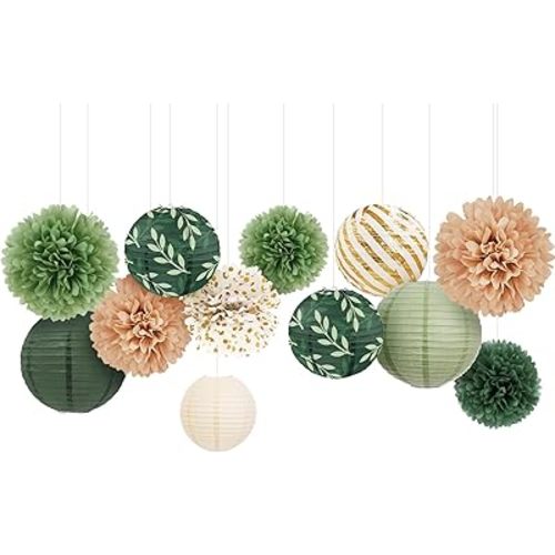 AOBKIAT Wedding Party Decorations Set,12PCS Olive Green Sage Paper Pom Poms Lanterns with Olive Leaf,for Engagement,Baby Shower,Bridal Shower,Boho Party