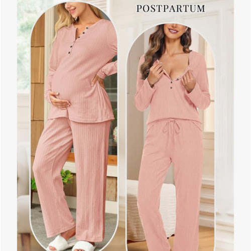 OUGES 100% Cotton Womens Maternity Nursing Pajamas Sets 2 Piece Pregnancy Delivery Postpartum Lounge Pjs with Pockets