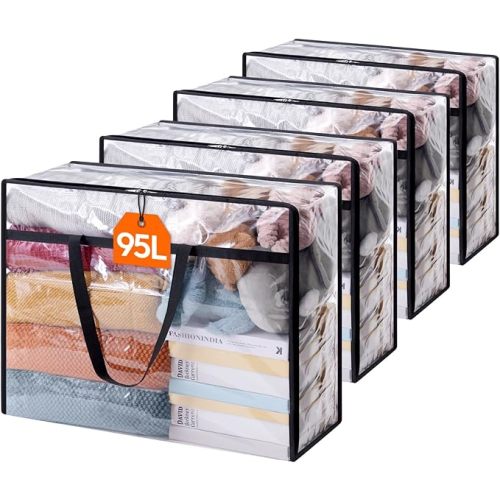 Lifewit 4 Pack Clear Clothes Storage Bags, 60L Plastic Blanket Storage Bag, Vinyl Foldable Moving Bags with Zipper, Closet Organizers and Storage Containers for Bedding, Duvet, Comforter