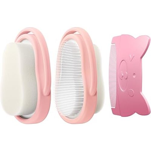 Wishbird 3-in-1 Baby Cradle Cap Brush kit, Soft Baby Brush, Curved Comb & Bath Sponge | BPA-Free Cradle Cap Treatment Set for Newborns, Infants Dry Skin, Flakes Removal, Pink