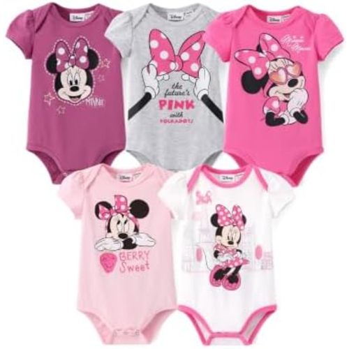 Disney Marvrl Princess Stitch Minnie Baby Girls Clothes, 5 Pack Short-Sleeve Bodysuits, Newborn to Infant Outfit, 0-18 Months