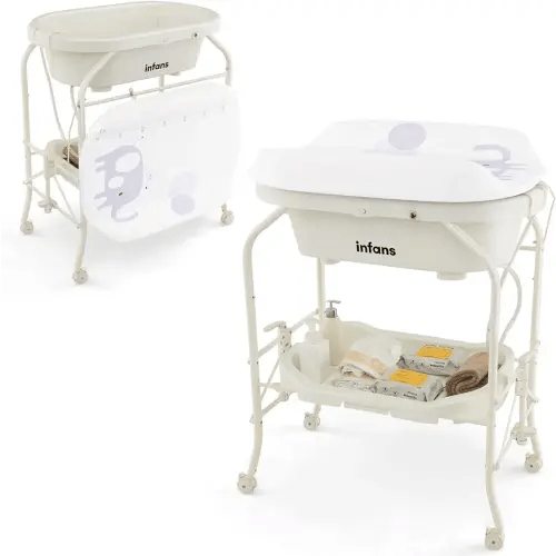 INFANS 2 in 1 Baby Changing Table with Bath Tub Unit, Folding Diaper Dresser Station with Wheels Waterproof Pad Storage Rack, Portable Nursery Organizer Stand for Newborn Infant (White)