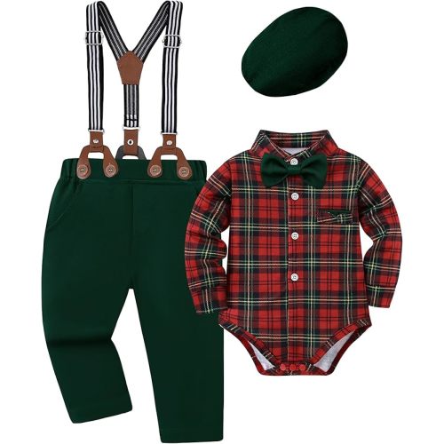 Baby Boy Clothes Suits 0-24M Infant Gentleman Outfit Long Sleeve Dress Shirt+Suspender Pants+Bowtie+Beret Wedding Set