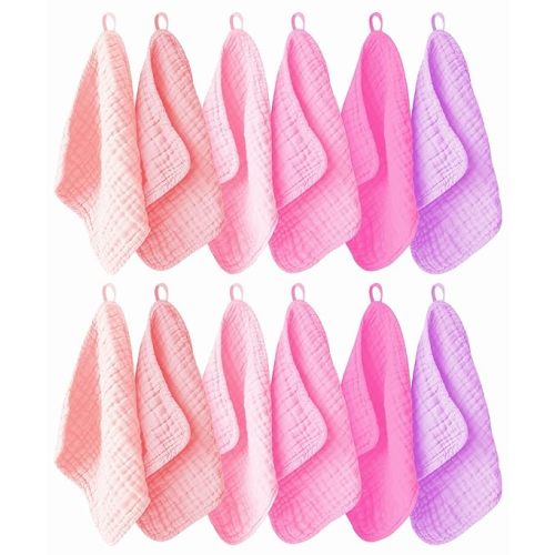 12 Pack Muslin Washcloths for Baby - 100% Cotton Baby Wash Cloths for or Baby Face Body Comfy and Soft for Newborn Infants Kids Girls and Boys - 12"x12" - Pink, Purple and Sakura Series