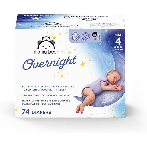 Amazon Brand - Mama Bear Overnight Baby Diapers with Leak Protection, Fragrance-Free, Size 4, 74 Count, Nighttime Protection, Leakproof with Leak Guards
