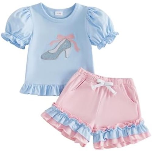 Toddler Baby Girl Summer Clothes Short Sleeves T-Shirt Tops and Ruffled Shorts Set Cute Summer Outfits 2Pcs