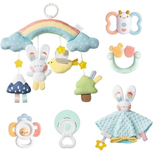 Cozy Bunny Newborn Gift Set - 6-in-1 Baby Soothing Essentials with Teethers, Plush Blanket & Hanging Toys for Crib,Stroller,Sensory Development,Machine Washable