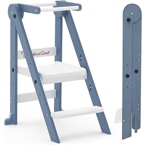 Taleco Gear Foldable Toddler Kitchen Stool Helper, Tower with 3 Adjustable Height, Wooden Toddler Step Stool, Collapsible Tower, Kids Stool for Kitchen and Bathroom