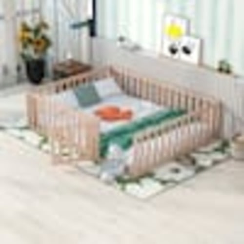 URTR Queen Size Wood Daybed Frame with Fence, Queen Floor Bed with Door for Toddlers Kids, Box Spring Needed, Natural T-01581-M