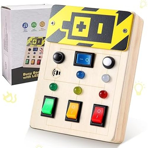 Asweets Montessori Busy Board for Toddler, Wooden Busy Board with LED Light Switches, Sensory Autism Toys Baby Travel Toys, Boys Girls Gifts for Birthday Christmas