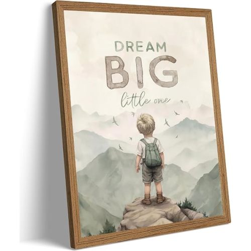 Inspirational Dream Big Little One Canvas Wall Art,Watercolor Mountain Adventure Kids Room Painting Picture Wall Decor,Cute Boy Hiking Nursery Poster Print Artwork,12x16in,Framed