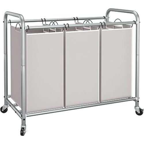 STORAGE MANIAC 3 Section Laundry Sorter, 35.6 Gal (135 L) Laundry Hamper Cart with Heavy Duty Rolling Lockable Wheels and Removable Bags, Clothes Organizer Basket Clothes Separator Hamper, Gray