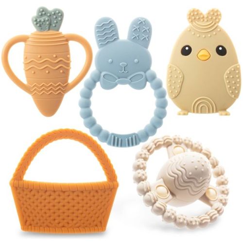 Easter Baby Teether Set, Easter Bunny, Carrot, Chicken, Rattle Egg & Easter Basket Teething Toys Perfect Easter Teethers Toys Cute Gift Set for Babies