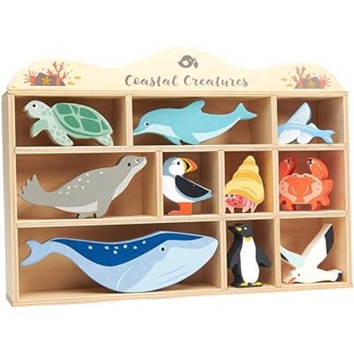 Tender Leaf Toys Coastal Creatures – 8 Wooden Ocean Animal Figurines with a Display Shelf - Classic Toy for Pretend Play – Develops Creative & Imaginative Skills – Learning Role Play – Ages 3+ Years