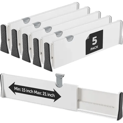 Adjustable Tall Drawer Dividers, [5 Pack] Adjusting Length from 15 Inch - 21 Inch, Drawer Organizers for Clothes, Locks in Place, Use for Bedroom, Bathroom, Kitchen & Office Organization and Storage.
