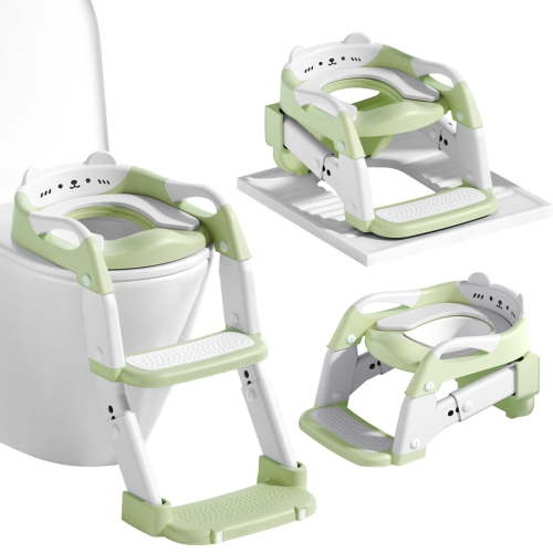 Soluxeo 3-In-1 Potty Training Seat, Height Adjustable Toddler Toilet Seat with Splash Guard and Anti-Slip Steps, Foldable Upgrade Toilet Seat for Kids Boys Girls, Green&White